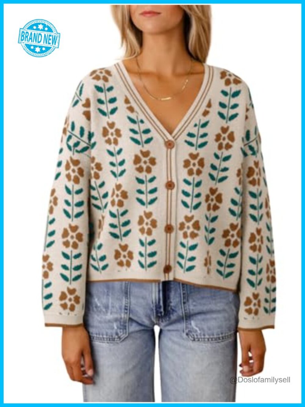 Floral Print V Neck Button Down Knit Cardigan Loose Long Sleeve Sweater
